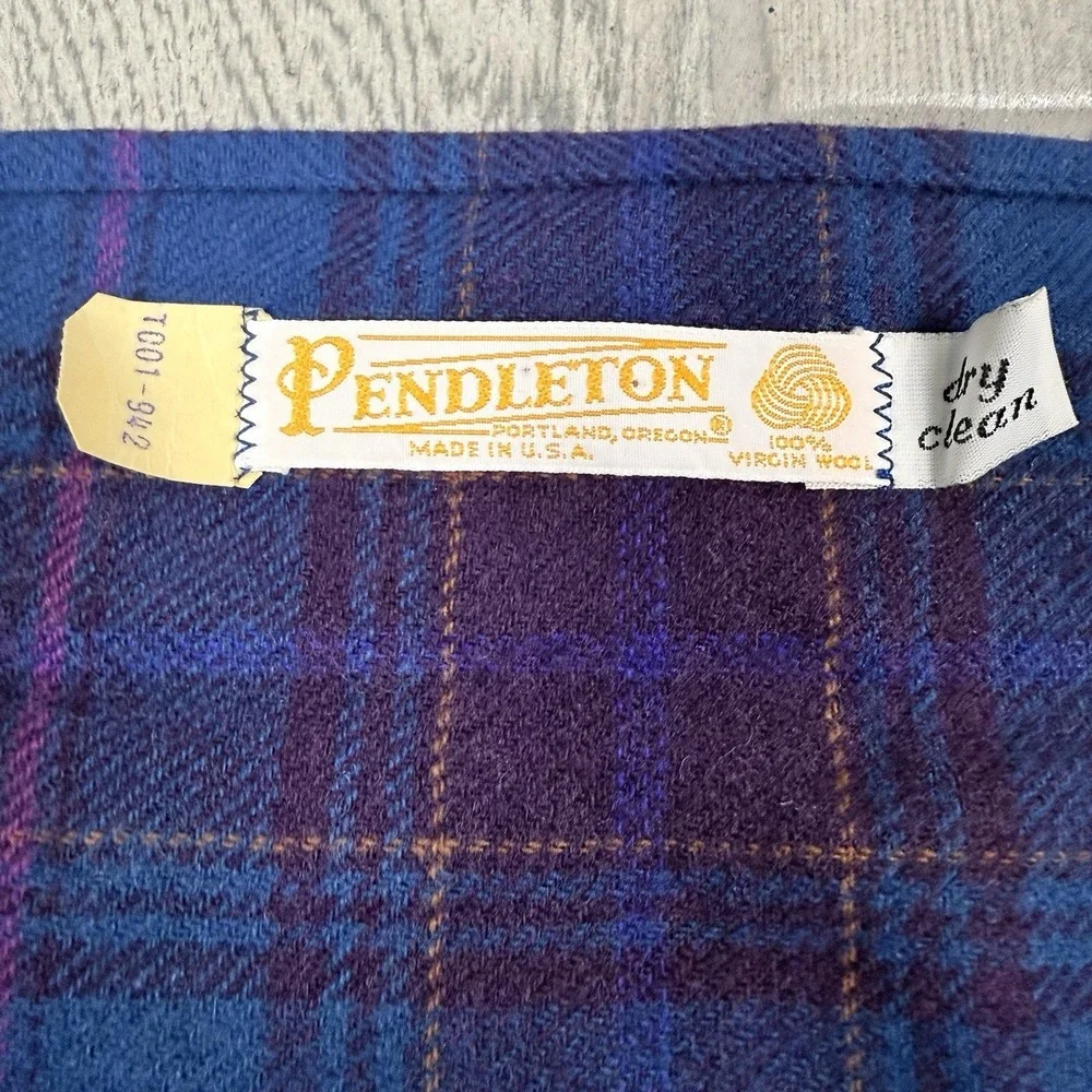 Pendleton Scarf Tartan Plaid Blue Purple 100% Virgin Wool Fringe Made in USA